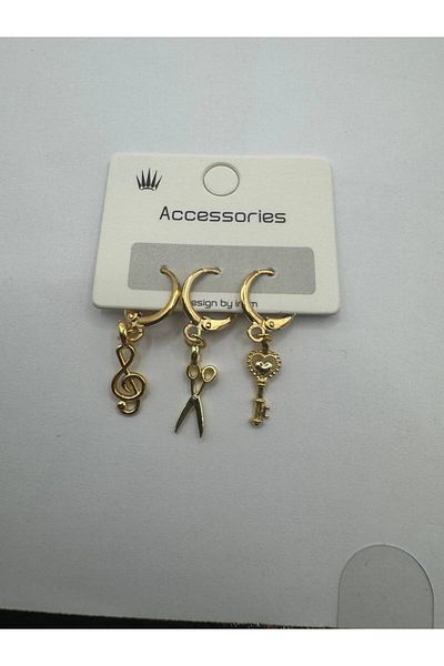 Herşey Nota 3-Piece Women's Earring Set with Gold Color Musical Note, Scissors and Key Figures – Stylish and Elegant
