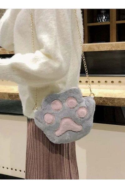 Generic DUNISO Cat Paw Shape Shoulder Bag Cross Body Bags Purse Fluffy Plush Handbag Clutch with Chain Strap