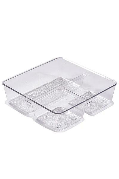 PUFO Tavă cu 3 compartimente pentru servirea aperitivelor, prăjiturilor, fructelor, gustărilor, 20 x 20 cm, transparentă