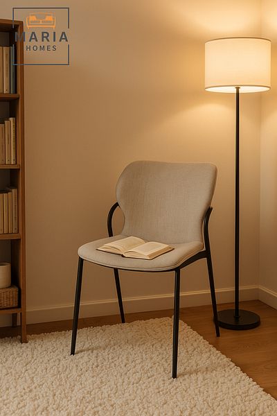 MARIA HOMES Modern Fabric Dining Chair Beige Upholstery with Black Metal Frame