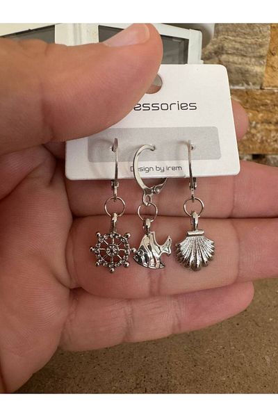 Herşey Nota Set of 3 Sea Themed Women's Earrings with Silver Color Seashell, Fish and Rudder Figures – Elegant and Stylish