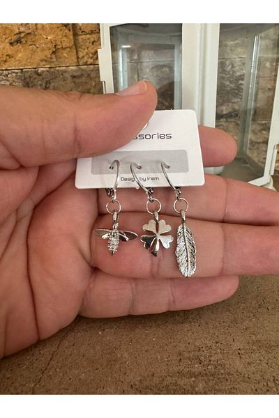 Herşey Nota Set of 3 Nature Themed Women's Earrings with Silver Color Bee, Clover and Leaf Figures – Elegant and Meaningful