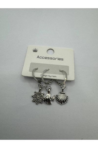 Herşey Nota Set of 3 Sea Themed Women's Earrings with Silver Color Seashell, Fish and Rudder Figures – Elegant and Stylish