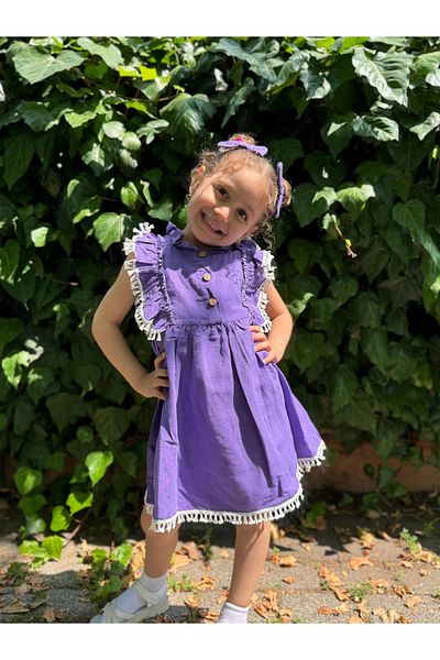 Minizade Baby Girl Dress Short Sleeve Ruffled Buckle Birthday Party Wedding Linen Casual Girl's Dress