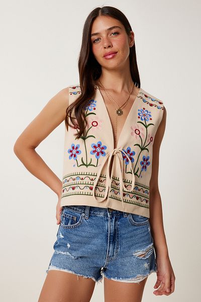 Lovelyİstanbul Embroidered Linen Vest Beige Les0024