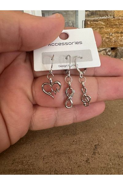 Herşey Nota Set of 3 Love Themed Women's Earrings with Silver Color Heart, Musical Note and Infinity Figures – Elegant and Meaningful