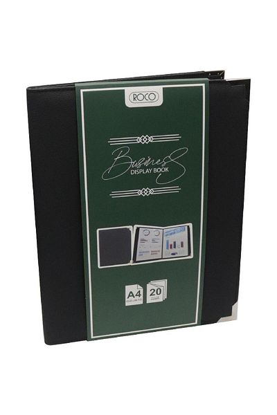 Roco A4 Display Book with 20 Pockets – Leather Cover, Black