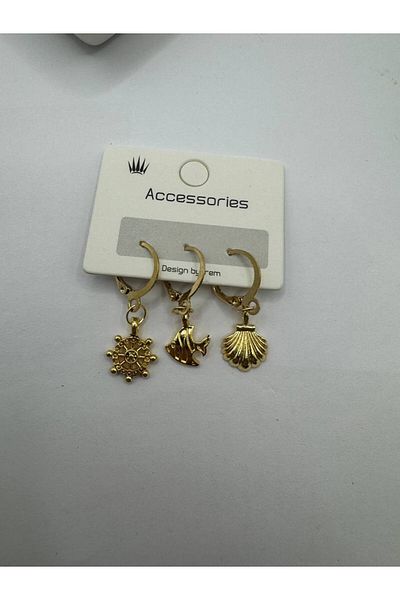 Herşey Nota Gold Color Rudder, Fish and Seashell Figured 3-Piece Sea Themed Women's Earring Set – Elegant and Stylish