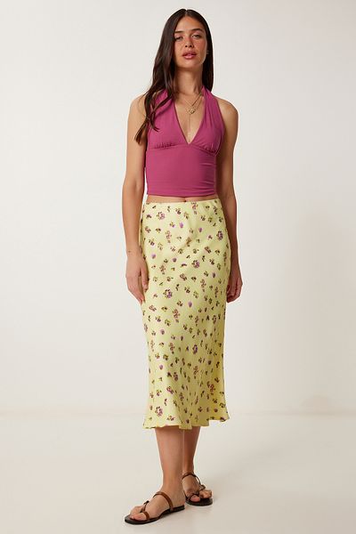 Lovelyİstanbul Fusta Midi din Satin cu Motiv Floral GALBEN LHC0020