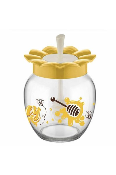 PUFO Borcan de sticlă pentru miere cu capac și linguriță pentru colectarea mierii, 370 ml