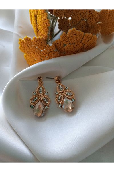 Pervin Ablacım Gold Dangle Flashy Steel Earrings with Yellow Stones