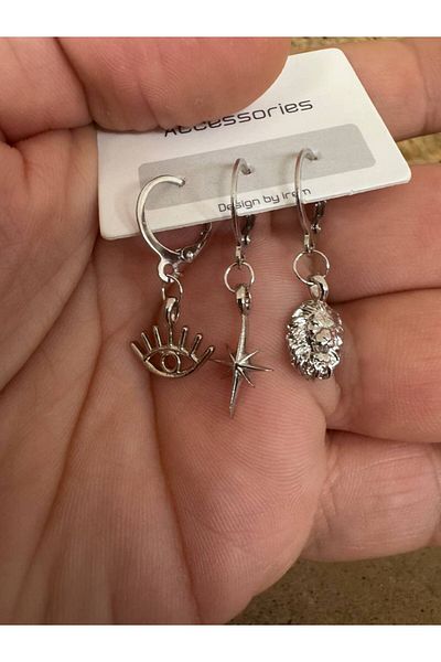 Herşey Nota Silver Color Eye, North Star and Lion Figured 3-Piece Women's Earring Set – Stylish and Meaningful
