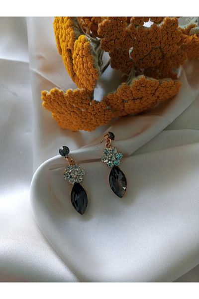 Pervin Ablacım Gold Design Elegant Earrings with Gray Colored Stones