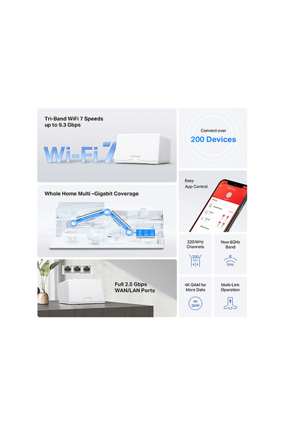 Mercusys Halo H47BE(2-Pack), BE9300, 3x 2.5Gbps Portu, 550 m²'ye Kadar Kapsama, Wi-Fi 7 Mesh Sistemi