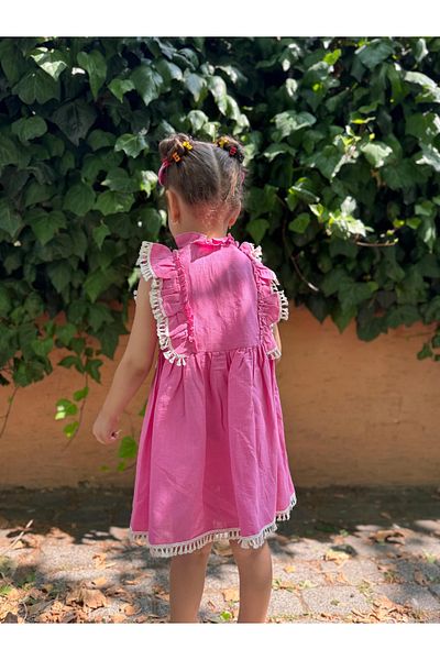 Minizade Baby Girl Dress Short Sleeve Ruffled Buckle Birthday Party Wedding Linen Casual Girl's Dress