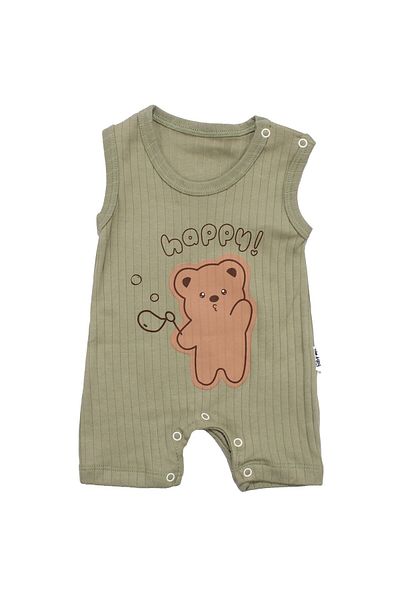 bebegen Baby Boy Green Corded Happy Teddy Bear Patterned Jumpsuit