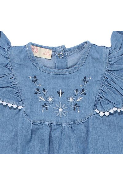 bebegen Baby Girl Blue Floral Embroidered Ruffled Scalloped Embroidered Denim Jumpsuit