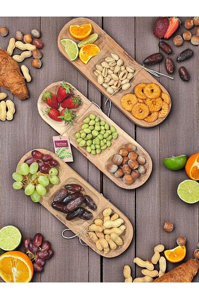 bonfesto Set of 3 Acacia Wood Serving Trays, 3 Compartments, for Snacks, Fruits, Nuts, 30x10x2.5 cm