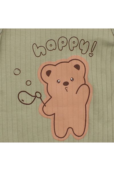 bebegen Baby Boy Green Corded Happy Teddy Bear Patterned Jumpsuit