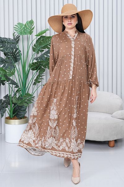 EL jadida Women's Patterned Plus Size Hijab Viscose Dress Beige