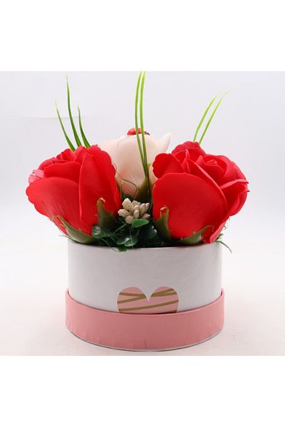 dalimag Floral Arrangement, Rose Box, 4 Red Soap Roses and one White Rose