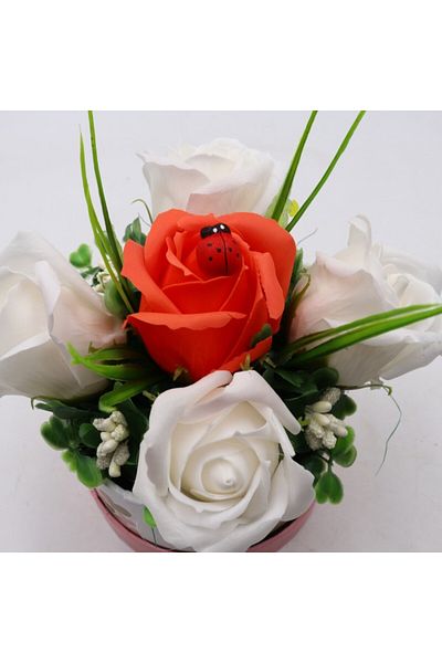 dalimag Floral Arrangement, Rose Box, 4 White Soap Roses and one Orange Rose