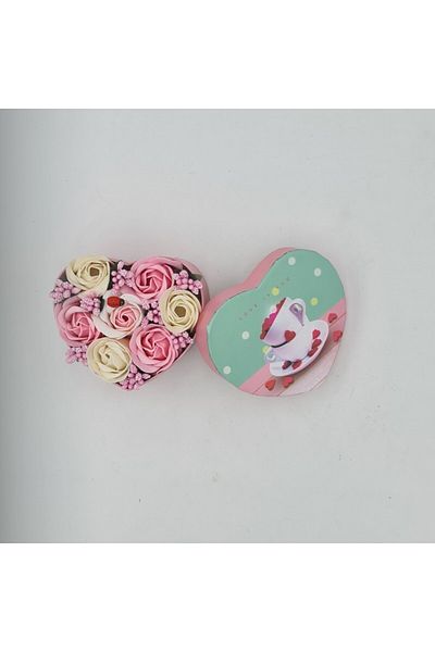 dalimag Aranjament floral 7 trandafirii cutie inima , flori de sapun, alb, roz, 11x9x6 cm
