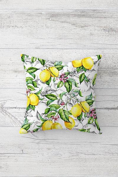MENTEŞ HOME Set de huse de pernă cu fermoar secret cu model de lămâie și scris Happy (4 bucăți)