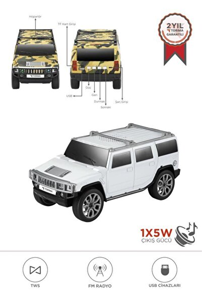 Torima Bluetooth Hoparlör Araba Tasarımlı USB TWS FM Destekli Speaker D48 Beyaz