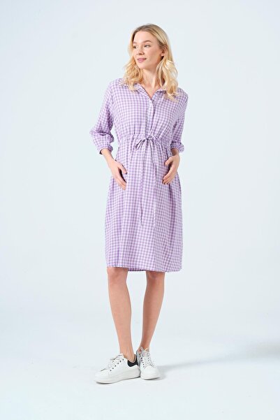BUSA Hamile Beli Bağcıklı Gömlek Yaka Ara Boy Ekose Elbise LİLA