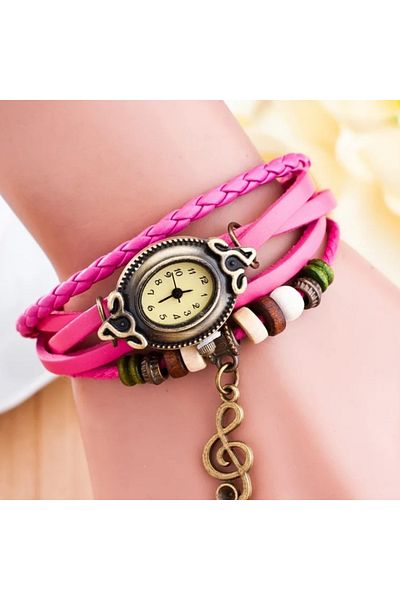 OEM Ceas vintage de damă cu brățară din piele ecologică, fuchsia
