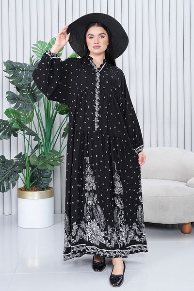 EL jadida Women's Patterned Plus Size Hijab Viscose Dress Black