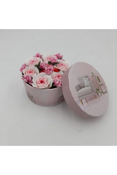 dalimag Aranjament floral 7 trandafiri cutie rotunda, flori de sapun, alb roz, 11x9x6 cm