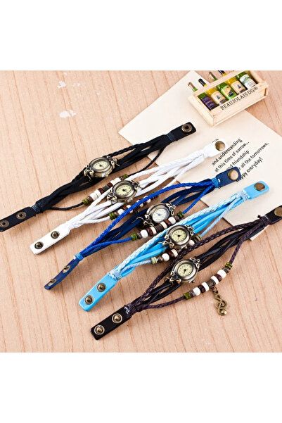 OEM Ceas vintage de damă cu brățară din piele ecologică, albastru