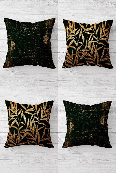 MENTEŞ HOME مجموعة غطاء وسادة أريكة بسحاب مخفي منقوش بأوراق الذهب (4 قطع)