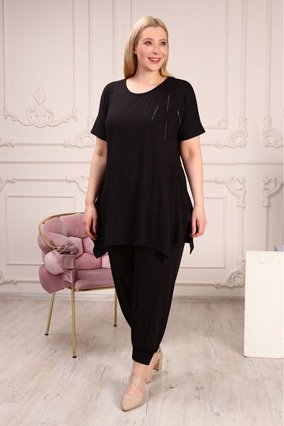 BİrHoşButik Plus Size Full Lycra Loose Crew Neck Pants with Stones Seasonal Sweat-Free Women's Suit
