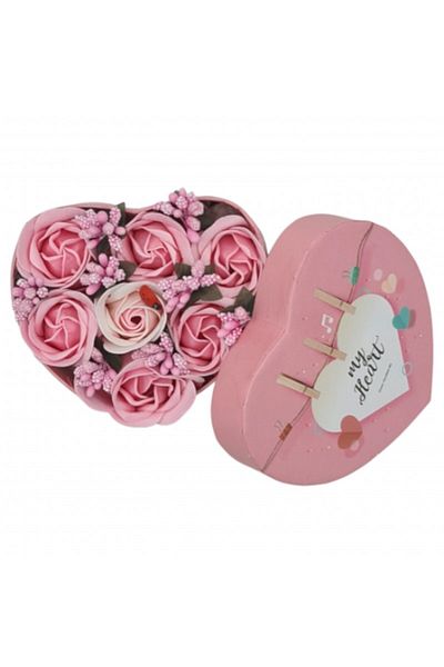 dalimag Aranjament floral 7 trandafirii cutie inima , flori de sapun, roz, alb, 11x9x6 cm