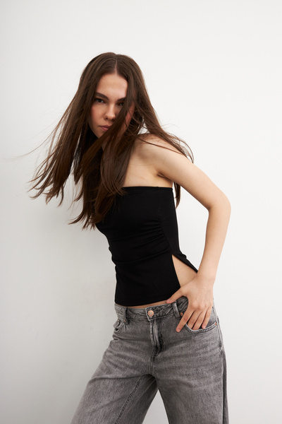 Bipantolon Kadın Siyah Straplez Yanları Yırtmaçlı Modal Yumuşak Dokulu Bluz