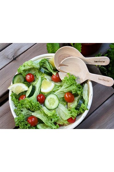 bonfesto Set of 2 salad mixing utensils, spoon and fork made of Acacia wood, 15 x 8 x 1.5 cm