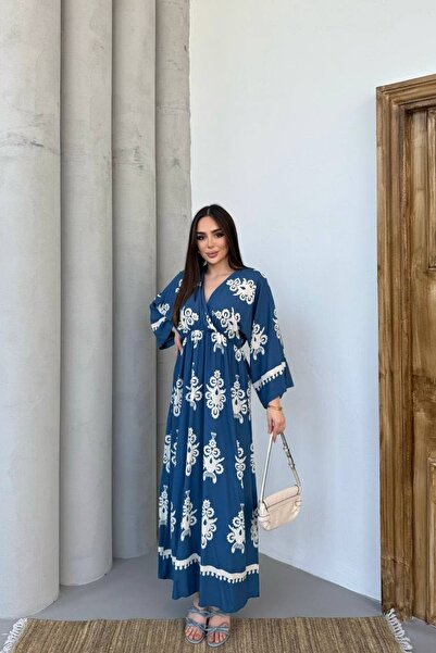 mezqa Πράσινο φόρεμα με μακρυμάνικο εθνοτικό σχέδιο από βισκόζη