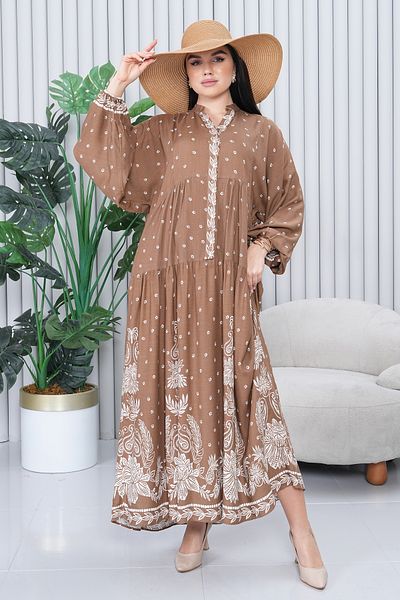 EL jadida Women's Patterned Plus Size Hijab Viscose Dress Beige
