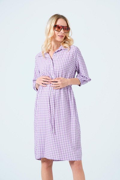 BUSA Maternity Lace-Up Shirt Collar Intermediate Length Plaid Dress Li̇la