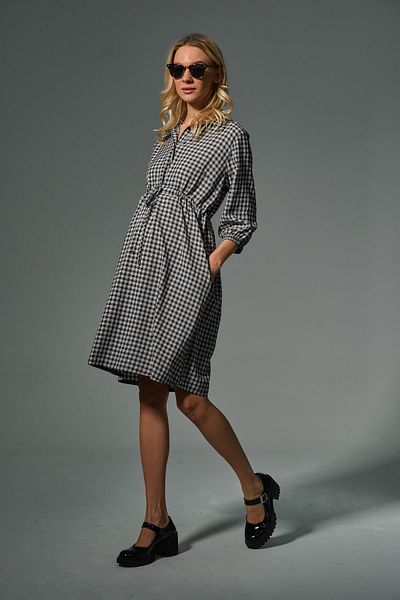 BUSA Maternity Lace-Up Shirt Collar Intermediate Size Plaid Dress Black