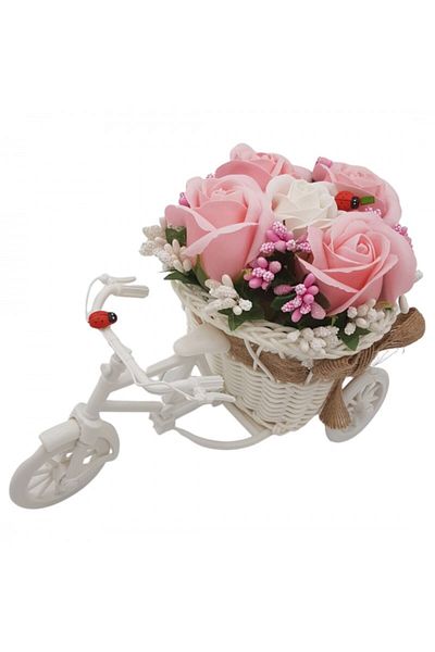 dalimag Aranjament floral trandafiri "Bicicleta cu flori zambarete", flori de sapun, 22x15x12 cm