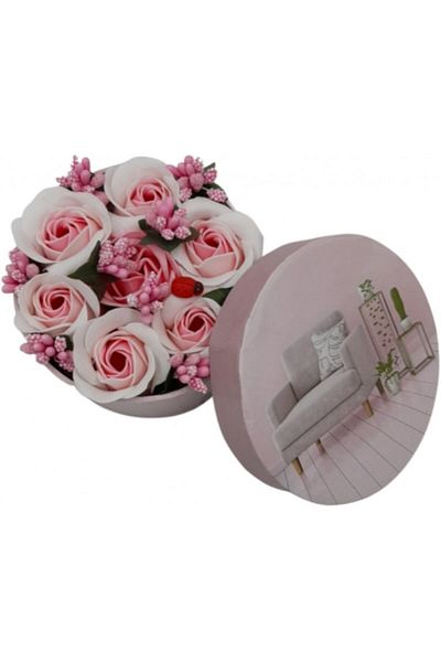 dalimag Aranjament floral 7 trandafiri cutie rotunda, flori de sapun, alb roz, 11x9x6 cm