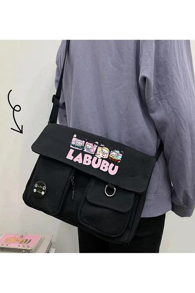 Toum Labubu Harajuku Geantă neagră unisex cu buzunare