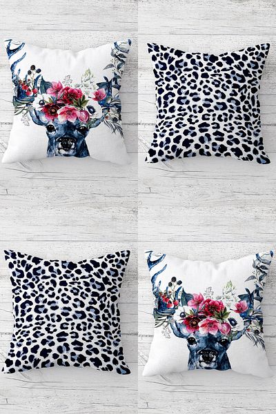 MENTEŞ HOME Set de huse de pernă cu fermoar ascuns cu model de cerb și leopard (4 bucăți)