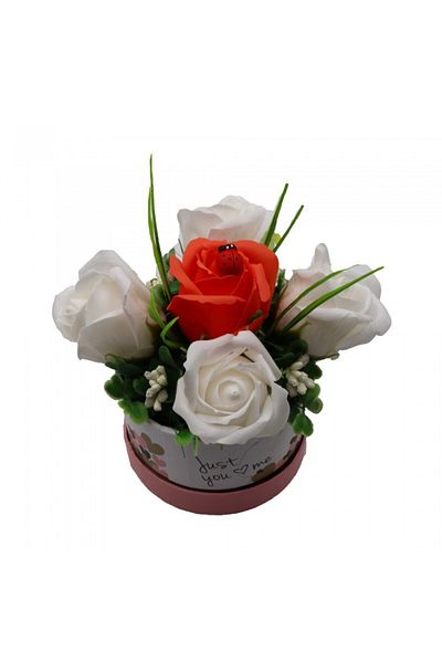 dalimag Floral Arrangement, Rose Box, 4 White Soap Roses and one Orange Rose