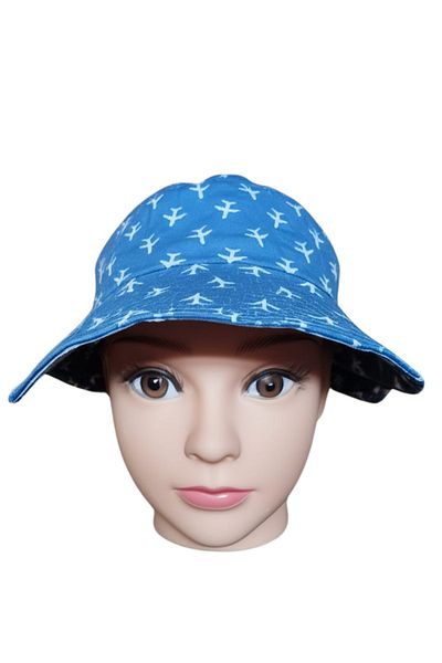 Kitti Children's Airplane Patterned Wide Brim Summer Fedora Hat – Sunscreen, Cotton 52cm