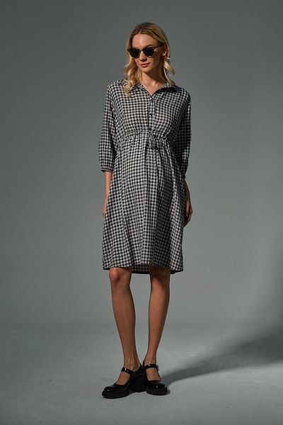 BUSA Maternity Lace-Up Shirt Collar Intermediate Size Plaid Dress Black